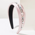 Pink satin wide headband with elegant pearls and crystals on a clean white background - Pink