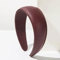 Retro burgundy lychee grain PU leather wide headband with orange contrast stitching - Dark Red