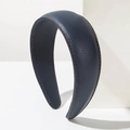Vintage navy PU leather wide headband with contrast orange stitching on white stand - Navy Blue