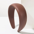 Dark brown wide padded PU leather headband featuring contrast orange hand-stitching details - Brown