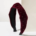 Elegant wine red velvet knotted headband with shimmering silver rhinestones detail - Red