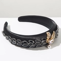 Detail of black satin headband with leaf rhinestones, golden butterfly and white pearl - Black