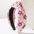 Modisches Blumen Haarreif aus Stoff mit blauem Karomuster und funkelnden Kristallen - Lila Blume Knoten Stil / Lila Karomuster