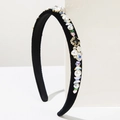 Elegant black velvet headband with pearls, colorful rhinestones, and delicate white flowers - Black