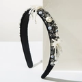 Baroque velvet headband with rhinestones, pearls, and beaded floral fringe details - Black