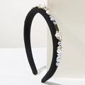 Black fabric headband with pearls crystals and flowers featuring a Love Day metal charm - Black