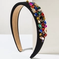 Padded black fabric headband with vibrant multi-colored rhinestones for elegant styling - Black