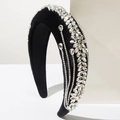 Baroque black velvet wide headband with handmade sparkling rhinestones and crystal petals - White