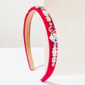 Velvet headband in fuchsia with elegant pearls and sparkling rhinestones crystals - Rose Pink