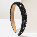 Detail shot of black floral headband with 3D roses and sparkling crystal embellishments - Black