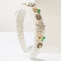 Detailed texture of tweed headband with white daisy flowers and sparkling rhinestones - White