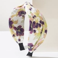 Close-up of bohemian floral printed headband with white background and purple flowers - Purple White