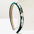 Deep green velvet headband featuring pearls and emerald crystals in a vintage style - Green
