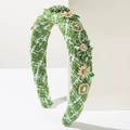Detail of tweed headband with green rhinestones and enamel flower embellishments - Green