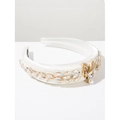 Fashionable cream satin headband with rhinestone butterfly and elegant pearl detail - White