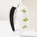 White knotted headband featuring faux pearls and colorful Saturn enamel charms - White - Planet Style (Universe)