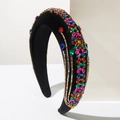 Baroque wide velvet headband featuring multi-color crystals in floral droplet patterns - Colorful