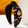 Halloween knot headband featuring orange bats, pumpkins and colorful rhinestones - Black