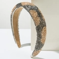 Wide hand-beaded headband featuring silver and gold geometric wave patterns on brown velvet - Geometric Wave Pattern / Brown