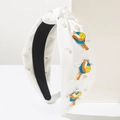 White knotted headband with pearls and colorful enamel pickleball paddle charms - White Racket Design