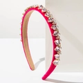 Detail of rose pink velvet headband with heart rhinestones and elegant pearls - Pink