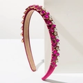 Detailed view of fuchsia velvet headband with rhinestones, pearls, and heart gems - Rose Red Zircon