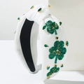 Cerchietto annodato bianco con ricamo a quadrifoglio verde e strass per San Patrizio - Bianco