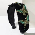 Detalles de mariposas de strass verde en una diadema trenzada de terciopelo negro suave - Verde