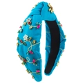Close-up of royal blue knotted headband with colorful rhinestones and floral beadwork - Light Blue
