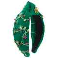 Detail of emerald green knotted headband with colorful rhinestones and floral embroidery - Green