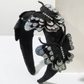 Serre-tête large noir luxueux avec papillons en strass scintillants et tissu élégant - Noir