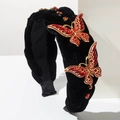 Baroque wide black velvet headband with sparkling red rhinestone butterfly decorations - Red