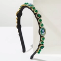 Cerchietto barocco con pietre preziose verdi e perle su velluto nero per donna - Verde