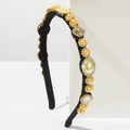 Cerchietto barocco vintage con perle dorate e strass luccicanti su tessuto nero - Giallo