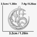 Macro view of 304 stainless steel moon dragon pendant with dimensions and weight stats - Silver (S2160-S)