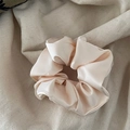Detailaufnahme eines champagnerrosa Satin-Haargummis mit eleganter Faltenstruktur aus Stoff - Aprikosenweiß