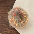 Cute brown plush donut hair scrunchie with colorful pom poms for women ponytail - Coffee Multicolor