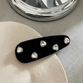 Elegant black velvet hair clip featuring five crystal hearts with silver beaded edges - Teardrop Rhinestone Style (J5.4)
