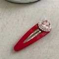 Süße rote BB-Haarklammer mit einem rosa Kristallherz und einem Strassstein-Rand - J5.4 Große Größe / Großer Strass (Rot)