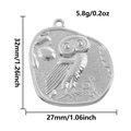 Macro view of 304 stainless steel owl pendant showing embossed details and measurements - Silver