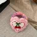 Detail of pink knitted heart hair tie with embroidered cherry and fuzzy texture - Pink Heart Style (J5-C10) / Pink Heart