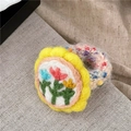 Detailed macro view of yellow wool felt hair tie with colorful embroidered flowers - Yellow Oval Style (J5-C10) / Yellow Oval