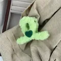 Detail of light green plush hair claw clip with dark green heart in woolly fabric texture - Green Heart Plush Hair Claw (G7.5 -L)