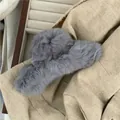 Close-up of a large grey plush faux fur hair claw clip on a beige linen background - Gray Faux Rabbit Fur Hair Claw (F7.5 -O)