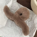 Macro detail of plush coffee brown hair claw clip with faux rabbit fur for elegant styling - Wave Cross / Light Coffee