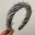 Detail view of a plush taupe sponge headband with a soft faux fur texture for winter - Headband / Grey Blue Multi