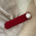 Detailed view of a red tweed hair clip featuring a large white faux pearl ornament - Rectangular Tweed Artificial Pearl Style / Red