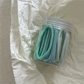 Detalle de las gomas de pelo de color azul y menta en un tarro de plástico transparente - Azul y Verde
