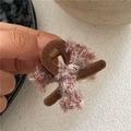Plush brown flocked hair clip with soft pink and white fuzzy knotted ribbon detail - Coffee Mini Contrast Color Plush Hair Claw (F7.3)(J132-B6)