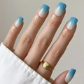 Blue and white ombre square press-on nails shown with gold ring on a hand - Cdmj-29-8
